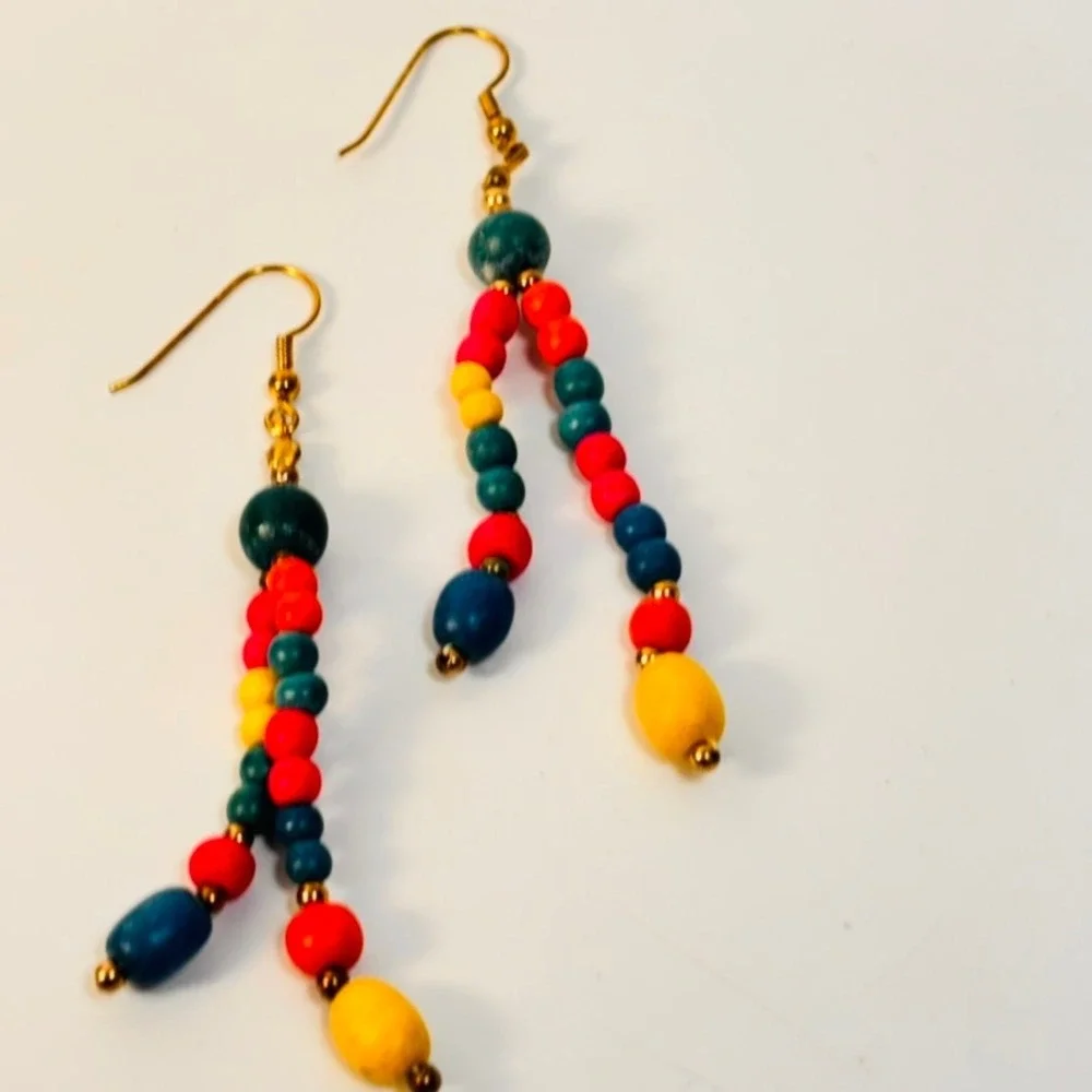 Vintage Wood Bead Dangle Earrings Multicolor Boho Statement Whimsygoth Jewelry